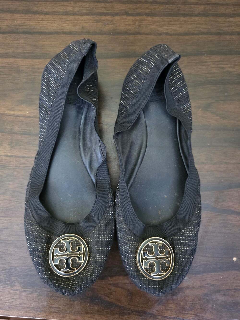 Tory Burch Caroline Elastic Black and Gold Metallic Ballet Flats